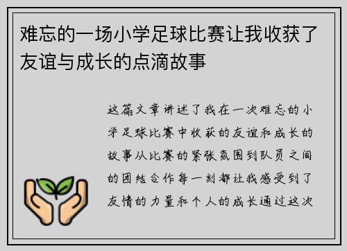 难忘的一场小学足球比赛让我收获了友谊与成长的点滴故事