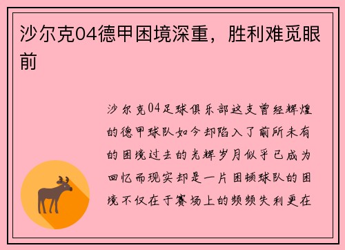 沙尔克04德甲困境深重，胜利难觅眼前